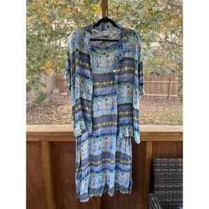 Anna Maxwell Vintage Blue And Green Watercolor Maxi Dress Set Size 4X (30-32)